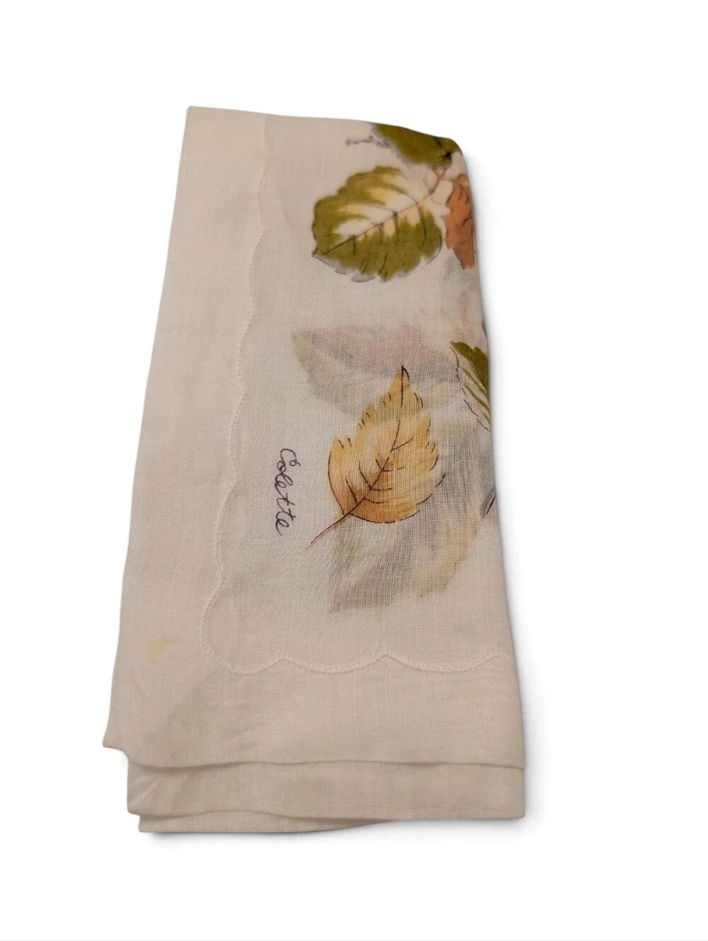 VINTAGE Hankerchief Fall Foliage Colette Signed White Tan Brown Leaves